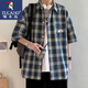 啄木鳥(niǎo)日系七分袖襯衫男士夏季薄款格子襯衣學(xué)生潮流寬松休閑半袖男裝 藍色 XL