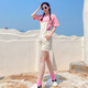 深妍色2025年夏季純棉短袖團(tuán)體多人聚會旅游演出服閨蜜姐妹背帶褲套裝女 套裝：櫻花粉T恤【背帶褲+鏡襪】 M 【上衣M碼+背帶褲L碼】