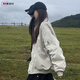 DXOT美式棒球服女春秋新款寬松休閑薄款短款夾克秋冬棉服大碼夾棉外套 米灰色(不夾棉) 薄款 M 建議115-130斤