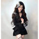 桃伊悠（taoyiyou）黑色荷葉邊喇叭袖長(cháng)袖v領(lǐng)連衣裙女秋冬季內搭氣質(zhì)小黑裙a字短裙子 黑色 L 【建議105-120斤】