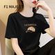 F1MAJE1T高端設計師品牌短袖T恤女夏季2025新款韓版棉上衣寬松圓領(lǐng)女裝 T恤/圓領(lǐng)/黑色/ L 【106-115斤】建議體重
