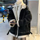 NEW OR MODE麂皮絨棉服男冬季潮流ins寬松翻領(lǐng)加厚棉衣潮牌皮毛一體機(jī)車外套 黑色 XL