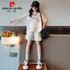皮爾卡丹（pierre cardin）女童夏季運(yùn)動(dòng)短袖套裝女孩大兒童網(wǎng)紅時(shí)髦洋氣夏裝炸街潮衣服8歲9 米色 150cm(150cm)