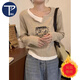 PMOG胖m美拉德假兩件長袖T恤女2024夏季新款設(shè)計感內(nèi)搭打底衫女可外穿 卡其色 L 建議120-140斤