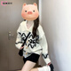 DXOT韓版軟糯櫻桃刺繡長(cháng)袖針織毛衣女2025新款慵懶風(fēng)牛角扣開(kāi)衫上衣潮 米白色 M 45-55kg