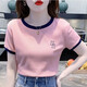歐堤漫含棉短袖T恤女新款夏季圓領(lǐng)通勤百搭顯瘦撞色獨特設計感小眾小衫 粉紅色 S 【建議70-90斤】