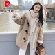 皮爾卡丹（pierre cardin）高級感皮毛一體連帽羊羔毛外套女冬季加絨加厚麂皮絨復古牛角扣潮 卡其色 L 120-135斤