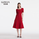 歌莉婭紅色連衣裙女新款短袖方領(lǐng)提花絕美裙子1C4R4K200 53R椒紅 XS