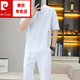皮爾卡丹（pierre cardin）中國風(fēng)套裝男韓版夏季棉麻復古搭配一套唐裝中式短袖休閑T恤漢服 白色【上衣+褲子】 3XL