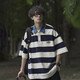 卡圖弛 復古條紋短袖t恤男夏季重磅潮流polo體恤衫日系休閑百搭情侶男裝 深藍色 XL