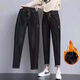 XSQP松緊腰哈倫牛仔褲女2025秋冬彈力加絨顯瘦梨形身材寬松老爹蘿卜褲 黑色（加絨加厚） M  建議95-105斤