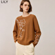LILY冬新款女裝文藝氣質(zhì)繡花綿羊毛寬松休閑針織衫毛衣女短款 717卡其 L