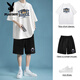 花花公子純棉青少年短袖T恤男士夏季休閑套裝高中初中學(xué)生衣服半截袖大童 (兩件套)白色T恤+黑色短褲 M 90-115斤可穿