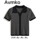 潮牌Avmko短袖2022夏季新款經(jīng)典條紋冰絲針織衫女polo領(lǐng)短款日系小眾小個(gè)子修身短袖上衣 黑色 均碼