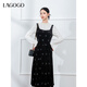 LAGOGO黑色絲絨繡花連衣裙女拉谷谷2024年冬季新款高級顯瘦背心裙 黑色 M