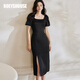 ROEYSHOUSE羅衣法式泡泡袖開(kāi)叉連衣裙女夏裝新款緞面方領(lǐng)修身裙子08228 黑色 M