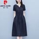 皮爾卡丹（pierre cardin）大l碼2024新款韓版抽繩收腰氣質(zhì)顯瘦短袖中長裙女純色棉麻連衣裙 深藍色 L (建議100-115斤)