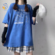 佐琪魚(yú)原創(chuàng  )日系古著(zhù)感電競少女jk短袖黑色T恤女韓版學(xué)生寬松原宿風(fēng)上衣 藍色 均碼