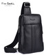 Pierre Cardin/皮爾卡丹時(shí)尚男包真牛皮胸包男士休閑百搭斜挎包歐美潮流單肩包軟牛皮男背包潮 黑色