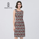 名師路連衣裙無(wú)袖背心裙春秋裝新款時(shí)尚通勤簡(jiǎn)約修身格子幾何印花一步裙 紅白色幾何印花16 2XL