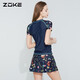 洲克（ZOKE）泳衣女連體兩件套裙擺短袖溫泉平角少女120501242深蘭底黃綠花2XL