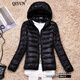 QIYUN 輕薄羽絨服女短款秋冬新款韓版修身薄款短外套女 連帽黑色 3XL 【130-145斤】