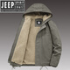 JEEP SPIRIT男士加絨外套秋冬季夾克寬松短款連帽羊羔絨棉衣服中年加厚棉上衣 軍綠色(連帽) 3XL 170-185斤