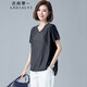 衣典零一（LEDIALYI）棉麻短袖t恤女2025夏季女裝新款時(shí)尚寬松洋氣中年亞麻v領(lǐng)半袖上衣 黑色 2XL （建議131-141斤）