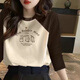 纖蕓沐長袖t恤女春秋裝女圓領(lǐng)顯瘦寬松百搭打底衫上衣拼接外穿體恤衫女 杏色咖啡袖三只兔子 XL 建議110-125斤