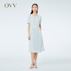 OVV2023春夏新款女裝單面緞三醋酸經(jīng)典圓領(lǐng)清爽百褶短袖連衣裙 藍(lán)灰（凈色）06 L