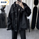 依心男牛仔外套男春秋季新款潮流韓版百搭水洗翻領(lǐng)夾克港風(fēng)寬松大碼上衣 黑色主圖款 M 85-105斤