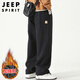 JEEP SPIRIT休閑褲男秋冬季直筒褲子男士寬松純色百搭闊腿褲 黑色加絨 3XL