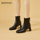 達芙妮短靴女粗跟高跟鞋法式單靴瘦瘦靴女4622607034 黑色（加絨） 35 