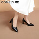 康莉（COMELY）高跟鞋女秋季新款粗跟尖頭真皮單鞋軟底舒適職業(yè)工作鞋 黑色 37