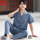 貓人高檔睡衣男士夏季純棉短袖長(cháng)褲涼感夏天2026年新款大碼家居服套裝 4PJ5003灰藍 L (170)：適合120-140斤穿著(zhù)