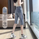 茹軒高腰牛仔五分褲女夏季薄款時尚寬松直筒短褲小個子設計感六分中褲 藍色【紐扣款】 27(建議95-105斤左右)