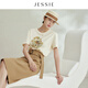 JESSIE時(shí)尚圓領(lǐng)字母印花修身短袖T恤上衣女春夏新款 杏色 M