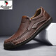 西域駱駝（VANCAMEL）出口男士真皮休閑皮鞋大碼英倫百搭豆豆鞋手工中年爸爸鞋 暗棕 39
