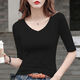 GOLDJEANNIE中袖t恤女純色修身V領(lǐng)五分袖打底衫春夏新款洋氣百搭棉半袖上衣女 黑色V領(lǐng) L 101-110斤