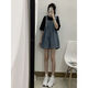 VEOX牛仔背帶褲女2025夏季新款韓版寬松顯瘦闊腿褲短褲洋氣減齡褲子潮 深藍(lán)色 M