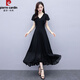 皮爾卡丹（pierre cardin）黑色赫本風(fēng)雪紡連衣裙女2025夏季新款短袖顯瘦氣質(zhì)到腳踝長(zhǎng)款長(zhǎng)裙 黑色 3XL