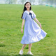 方糖姑娘少女夏裝初中學生連衣裙大童高中女生學院風條紋小清新過膝蓋長裙 23236LX藍色條紋 L