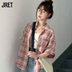 Jret粉色Polo領(lǐng)格子襯衫女短袖外套夏季設計小眾日系復古疊穿上衣潮 粉色格子  L 【建議120-135斤】