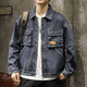 博羽尼（BOYUNI）復古牛仔外套男2023新款男裝上衣寬松春秋季工裝多口袋夾克上衣服 藍灰色 L 【適合125-145斤】
