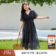 MsShe【波嬉風(fēng)印花雪紡連衣裙】大碼女裝2025夏季胖mmV領(lǐng)高端裙子 藏青藍色現貨 2XL