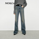 MO&Co.牛仔褲微彈洗褪臟臟褲高腰及地直筒 牛仔藍(lán)色 M 27