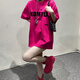 野原琳 歐美式簡約個性英文印花100%純棉短袖T恤女寬松百搭休閑潮牌嘻哈情侶ins風上衣 玫紅色 L