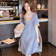 莫代爾高級感冰絲睡衣夏季新款女睡裙性感蕾絲薄款春秋季家居服涼感 301號靜謐藍 M 160
