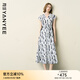 顏域V領(lǐng)收腰連衣裙女2025夏季新款寬松復(fù)古輕熟風(fēng)開叉純棉長裙子 灰花 2XL