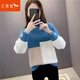 紅蜻蜓高腰拼接毛衣女針織衫新款春季打底衫慵懶風(fēng)長(cháng)袖女士線(xiàn)衣 藍色長(cháng)袖 均碼 （適合80-145斤）